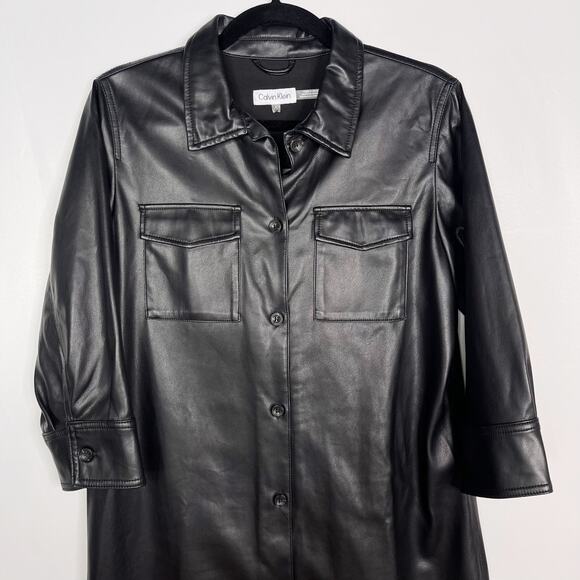 Calvin Klein S Black Faux Leather Button Front 3/4 Sleeve Shirt Dress Collared - Picture 3 of 8